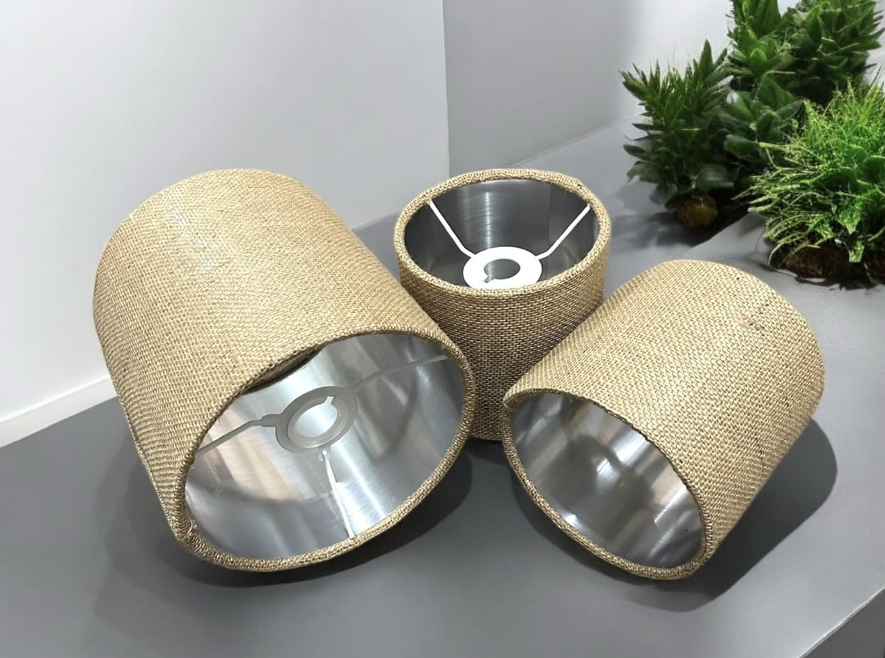 Natural Hessian Light Shades for Ceiling, Table and Floor Drum lampshade Homemade Made in UK(Brushed Silver,D25 x 24cm H)
