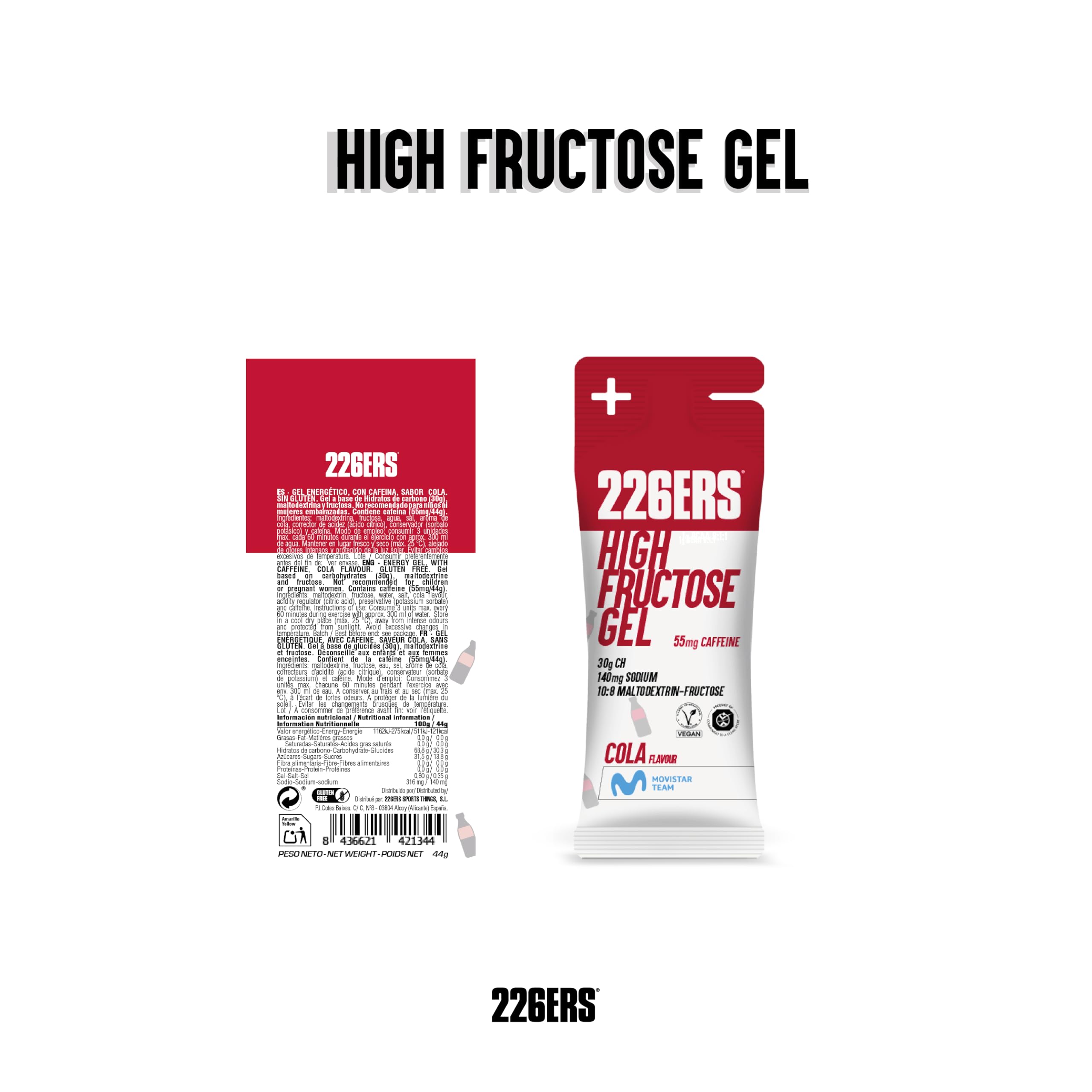 226ERS - High Fructose XS, Energiegel für Sportler, mit Maltodextrin und Fruktose, 55 mg Koffein, Vegan und Glutenfrei, Kohlenhydratversorgung, Cola-Geschmack, 32 Gels x 44 g