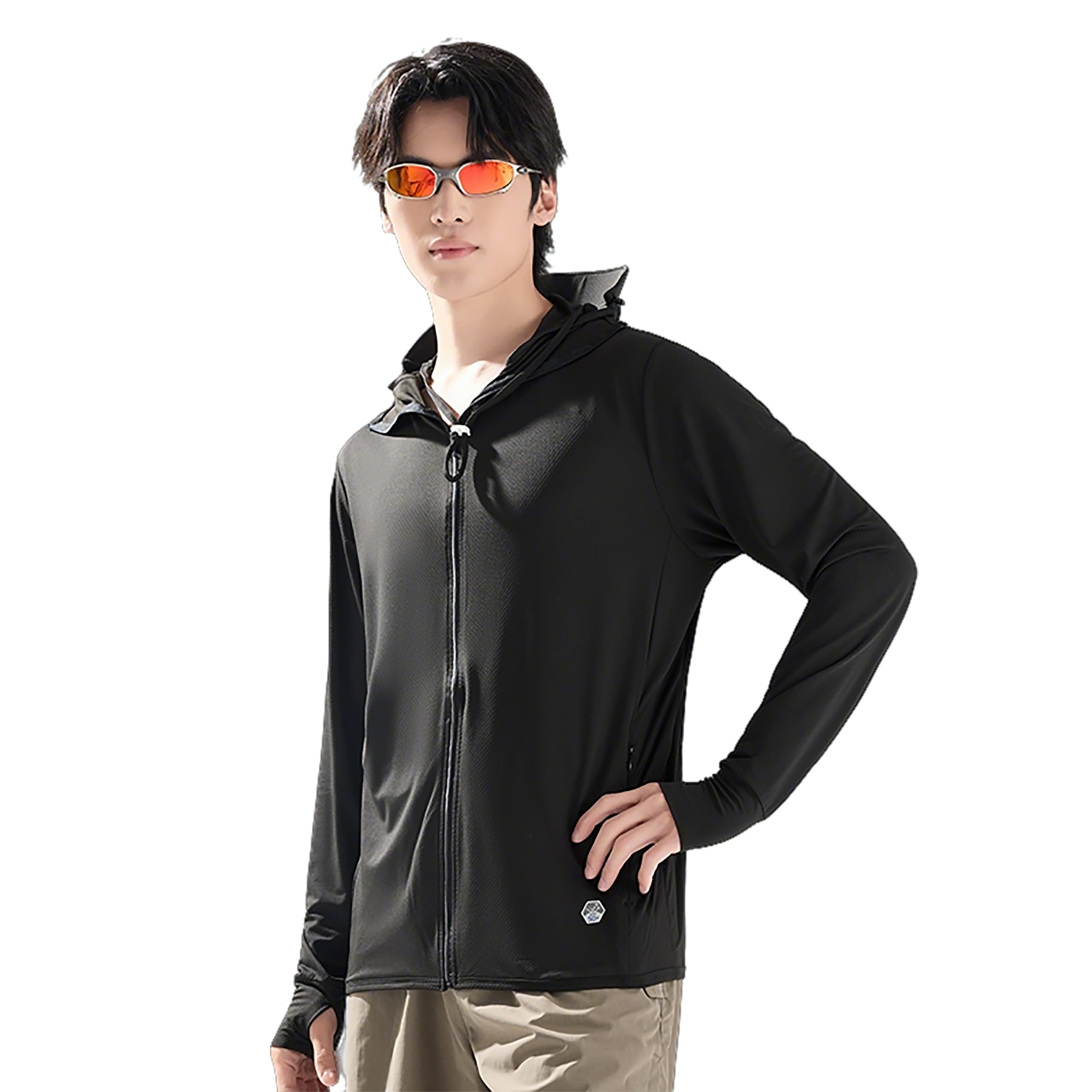 [hxsnow] ラッシュガード メンズ ラッシュパーカー 夏服 長袖 UPF50+ UV カット99.9％ 紫外線対策 水着 大きいサイズ 接触冷感 涼しい 軽量 通気性 速乾 無地 アウター 体型カバー フード付き 夏 日焼け対策ウェア 薄手 海 釣り - 1