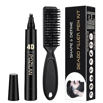 Long-Lasting Water-Resistant Black Mens Beard Grooming Kit - Micro-Fork Tip Pen, Bristle Brush for Natural Looking Mustache, Eyebrows, and Facial Hair Styling