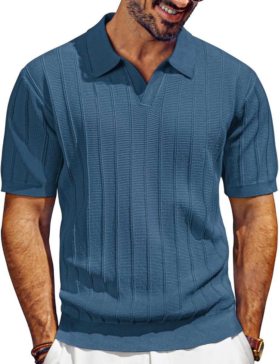 PJ PAUL JONES Mens Polo Shirts V-Neck Knit Polo Textured Summer Shirts