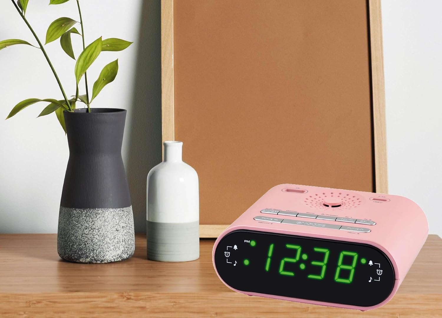 HANNLOMAX HX-158CR Alarm Clock Radio, FM Radio, 0.7" LED Display, 1 USB Port for 1A Charging & 1 USB Port for 2.4A Type-C Charging, AC Operation only (Pink)