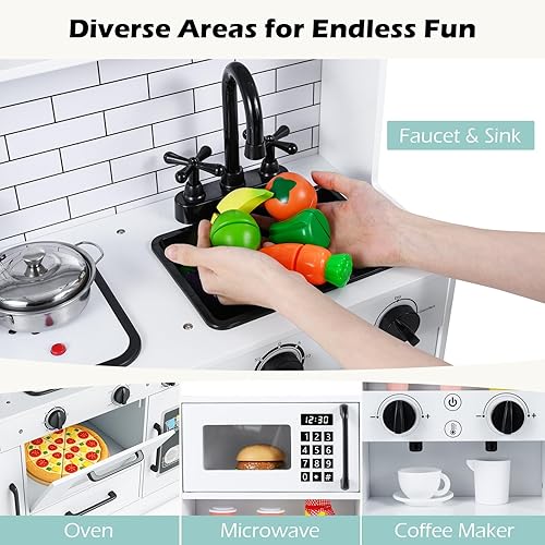 Miniatura 2 de INFANS Juego de cocina para niños, cocina de madera con sonido ligero realista, juguete de cocina para niños y niñas mayores de 3 años (blanco)