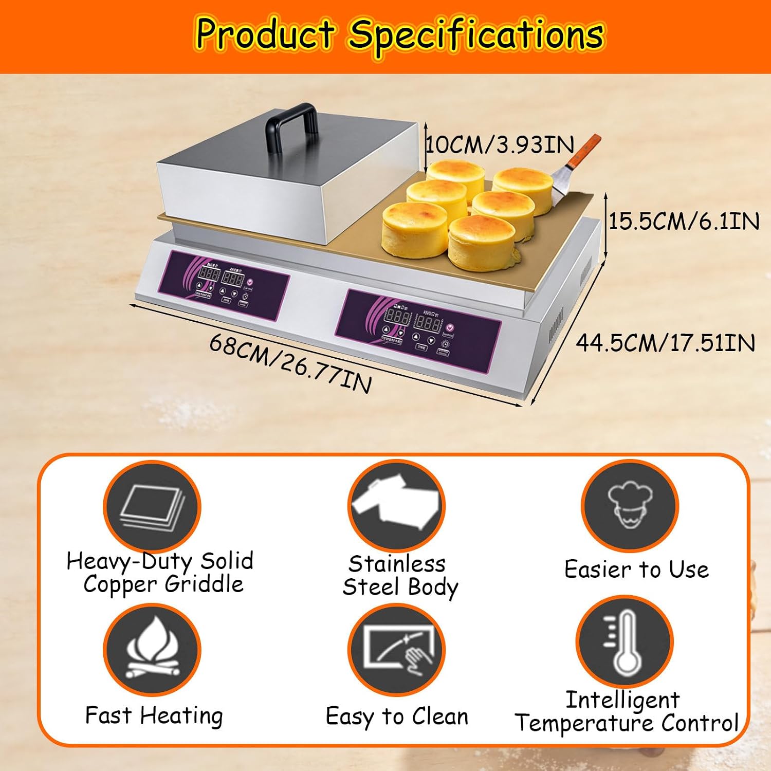 Commercial Pancake Maker, Commercial Non-Stick Souffle Maker Machine, 60-240℃ Temp Control Electric Muffin Maker Stainless Steel for Home Kitchen Double-ended