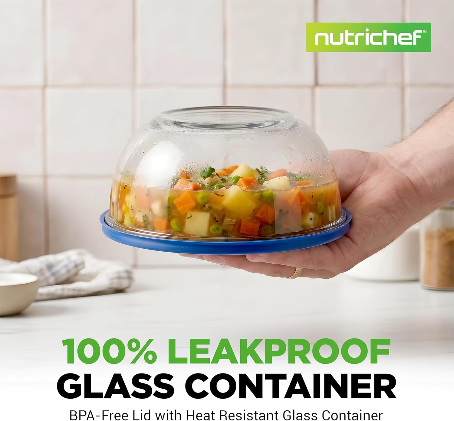 NutriChef 4‑Piece Glass Mixing Bowls with Lids – Premium Borosilicate Glass Bowl Set (1 QT‑3.7 QT) – Non‑Toxic Bowls with Airtight Lids for Mixing, Baking, Serving & Storage