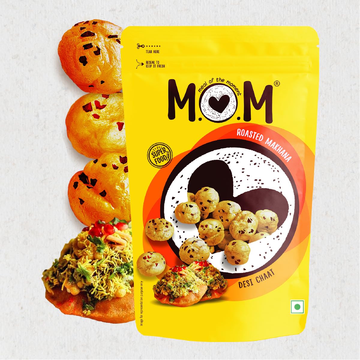 MOM - Meal of the Moment, Roasted Makhana Pack of Desi Chaat, Tomato Achaari, and Cheddar Cheese, 52g - Gluten Free | Anti Oxidants | MSG Free | Zero Trans Fat | No added Preservatives and No Artificial Flavours - Image 4 thumbnail