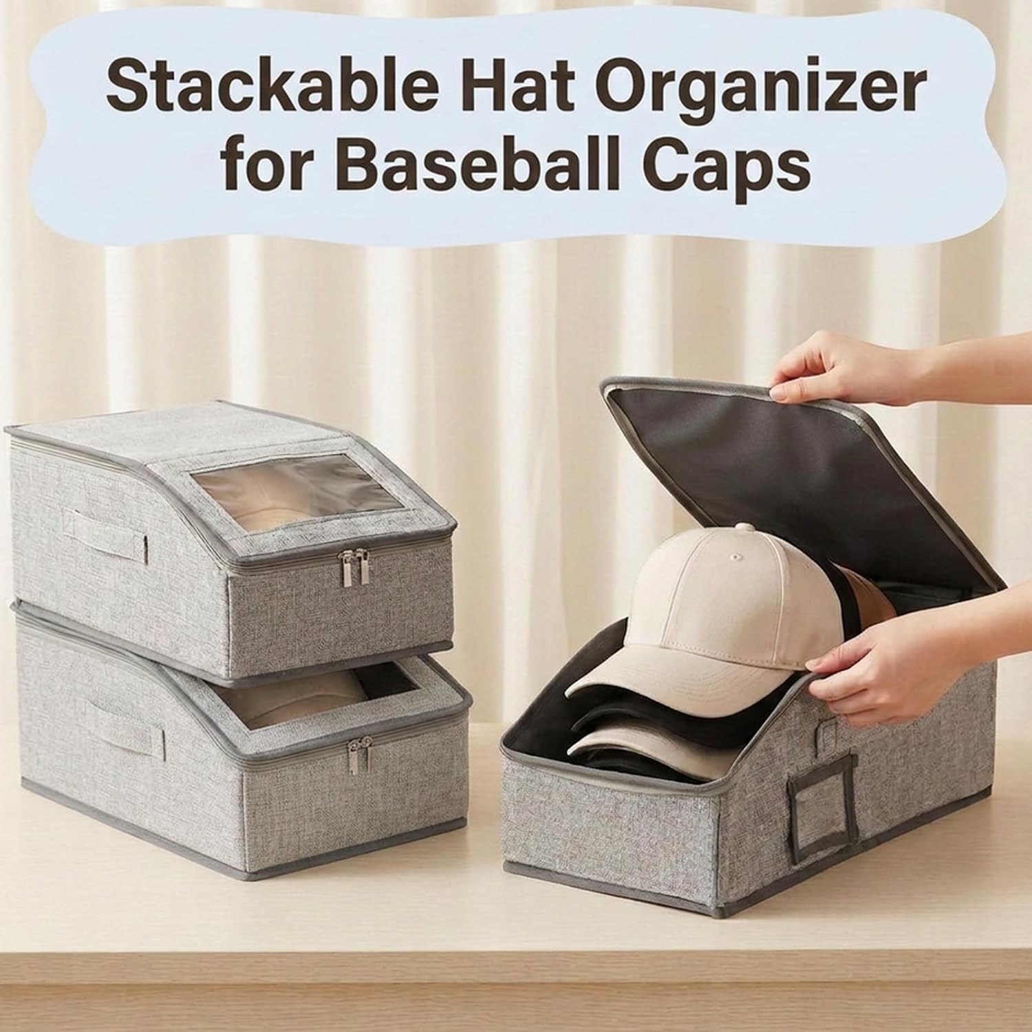 3 Pack Hat Organizer with Clear Window Lid for Baseball Caps, Grey