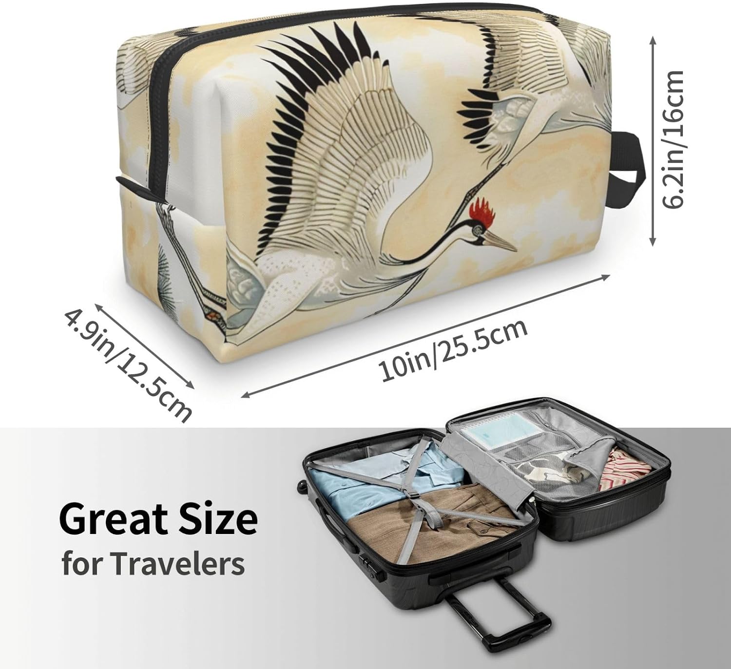 Two Japanese Cranes Flying Traditional Painting Printed Cosmetic Case with Handle, Lightweight Compact Storage for Makeup, Toiletries & Gadgets, Make up Organiser for Travel, School, Work image 4