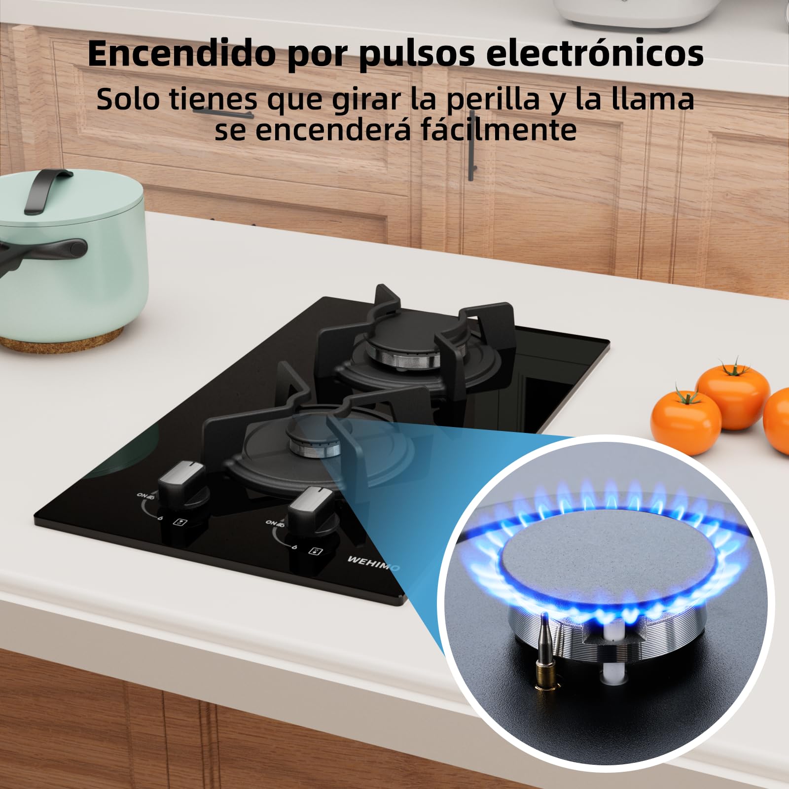 WEHIMO - Placa de cocina de gas de 2 fuegos, 2 fuegos empotrable, rejilla hierro fundido, 3700 W, gas ciudad y botella, cristal negro