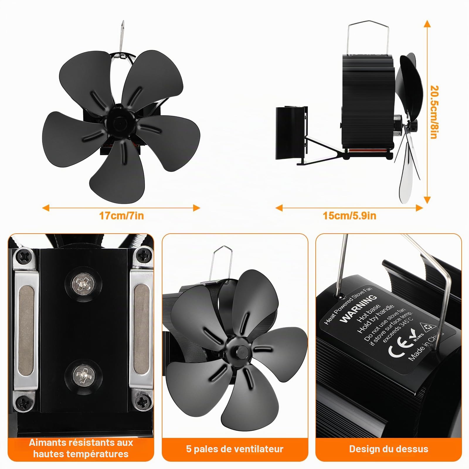 Magnétiques Ventilateur Poele à Bois, 5 Pages Alimenté à la Chaleur Ventilateur Cheminée, Ventilateue de Poêle à Chaleur Sans électricité Alimenté à chaleur, Cycle Silencieux