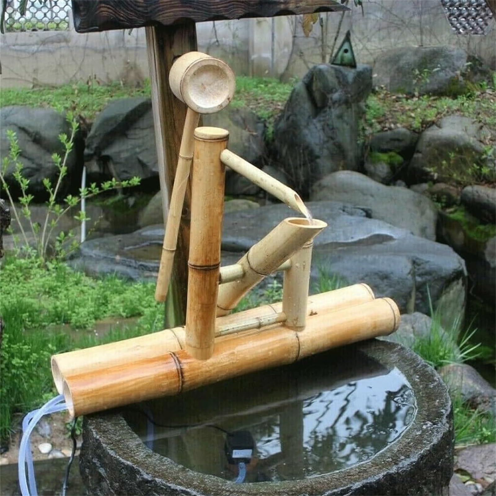 Kit de fuente de agua de bambú japonés con bomba, cuchara de agua de 17.7 pulgadas, características de jardín zen para interiores y exteriores, bambú resistente a las roturas, decoración creativa de
