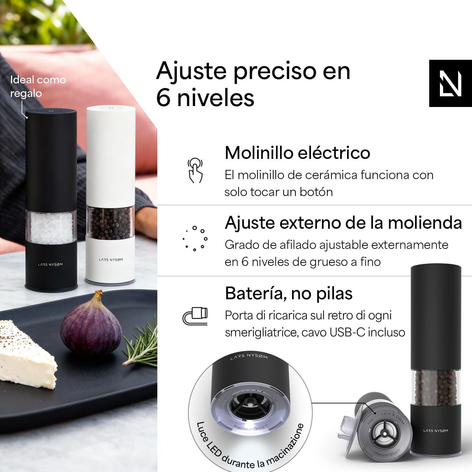 LARS NYSØM Molinillo de Sal y Pimienta Eléctrico | Molinillos Automáticos de Acero Inoxidable con Mecanismo Cerámico Ajustable | Set de Molinillos Recargables por USB con Luz LED (Carbon Black)