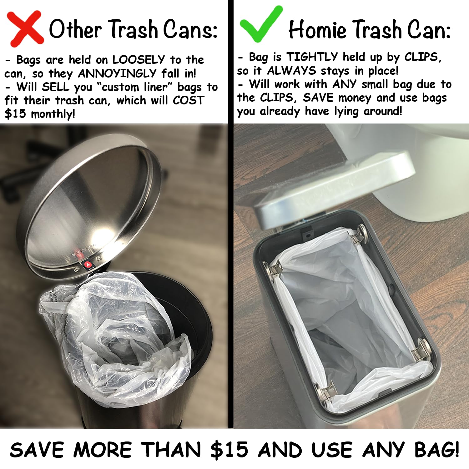 Amazon｜Homie ソフトクローズ四角形ゴミ箱 5L 袋のズレ防止クリップと