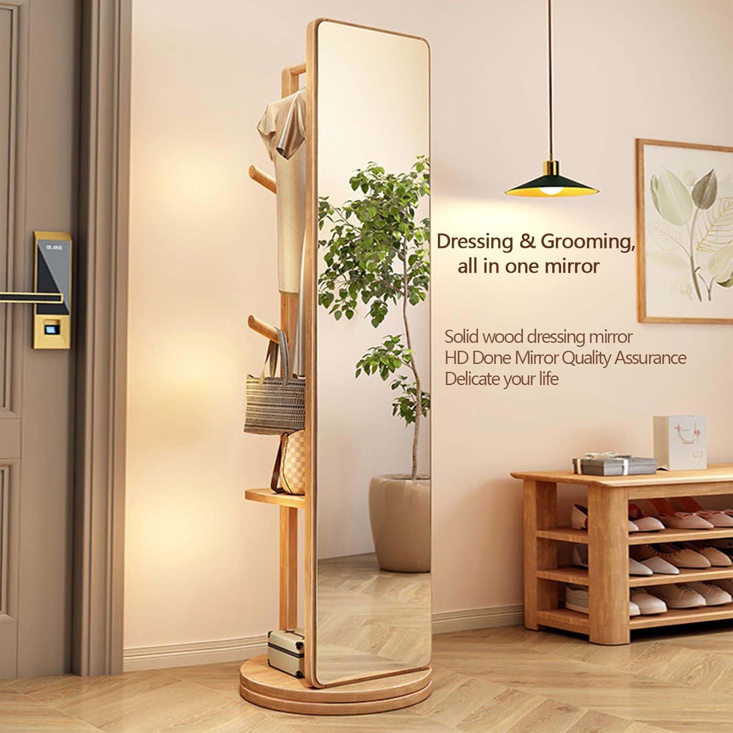 Floor-Standing Solid Wood Rotating Coat Rack，Wooden Rotating Coat Rack with Full Length Mirror Solid Clothes Hanger Stand Decorative Wall Mirror with Rotating Base Freestanding Floor Mirror