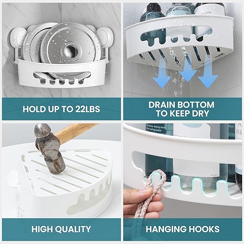 Miniatura 8 de TAILI Organizador de ducha de esquina con ventosa, estante de baño, organizador de pared para champú, acondicionador, estante de plástico para