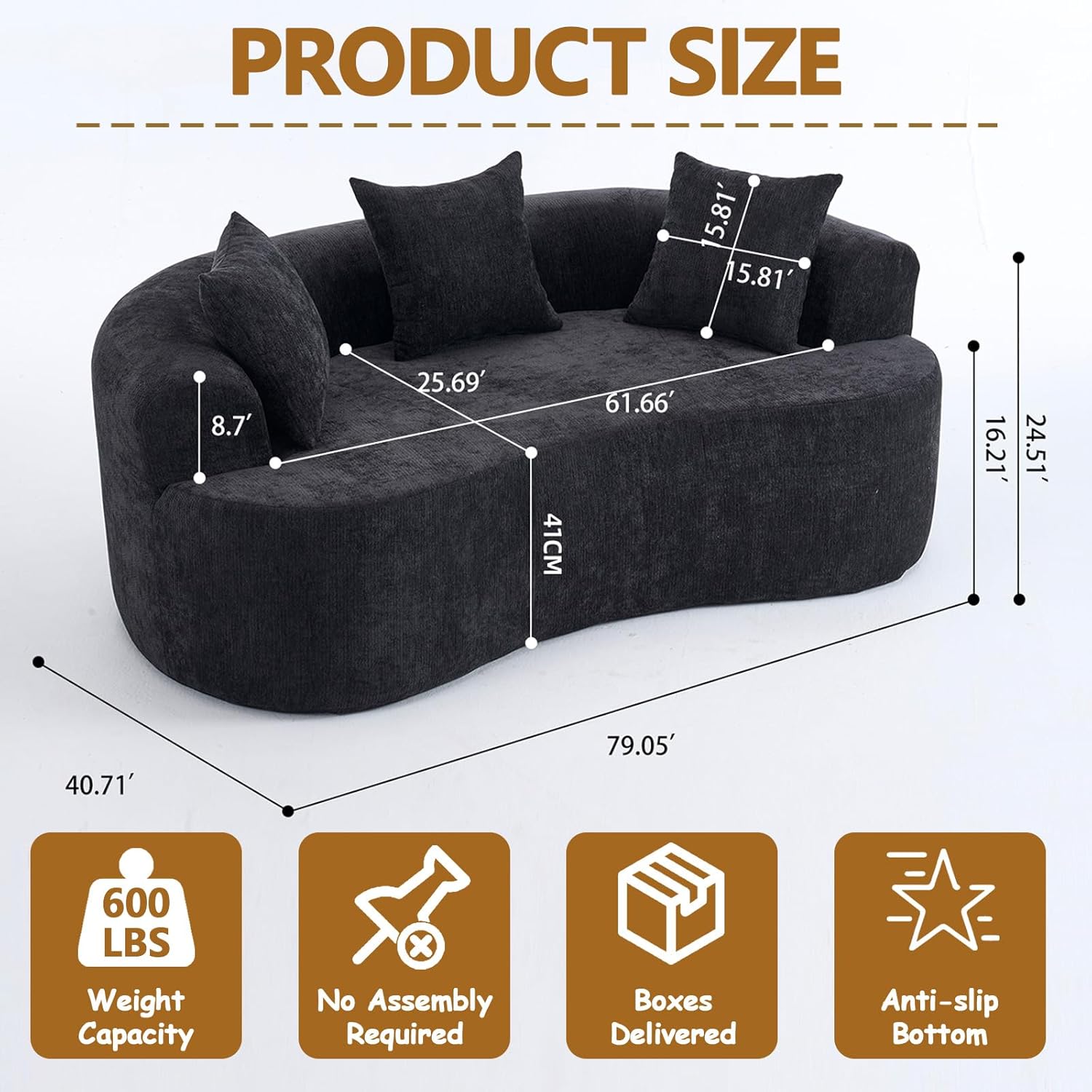80" Curved Loveseat for Small Spaces, Black Curved Couches for Living room, Compression Sofa in a Box with 3 Pillows, Small Couch for Bedroom with Wide Armrest & Memory Foam, No Assembly Required