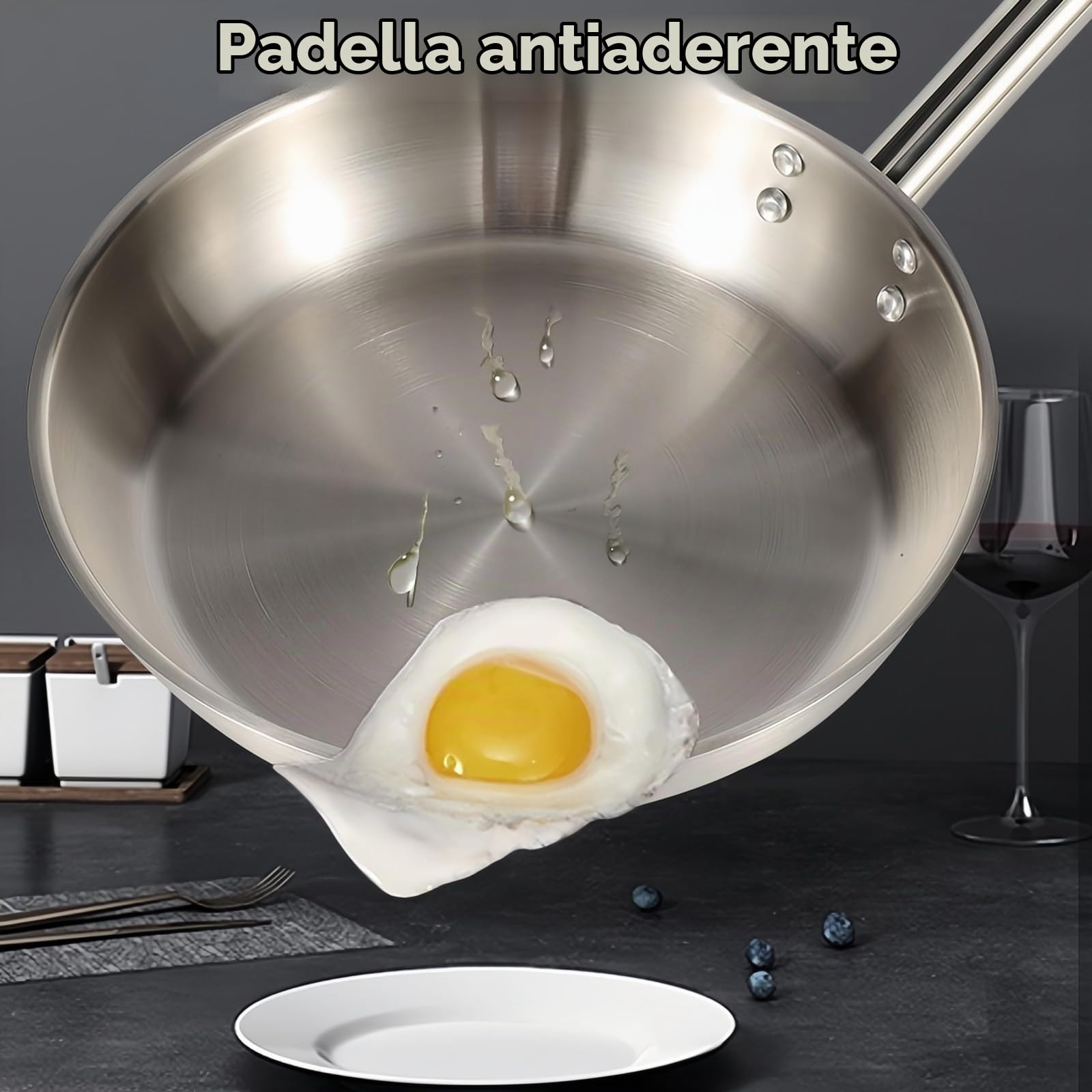 Padella in acciaio inox adatta al forno e induction, 3 strati acciaio inossidabile 304 non rivestito, manico ergonomico (30 cm)
