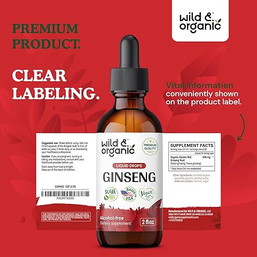Miniatura 9 de Wild & Organic Tintura de ginseng - Líquido de extracto de Panax Ginseng rojo coreano - Gotas de apoyo inmunológico con ginseng rojo coreano -