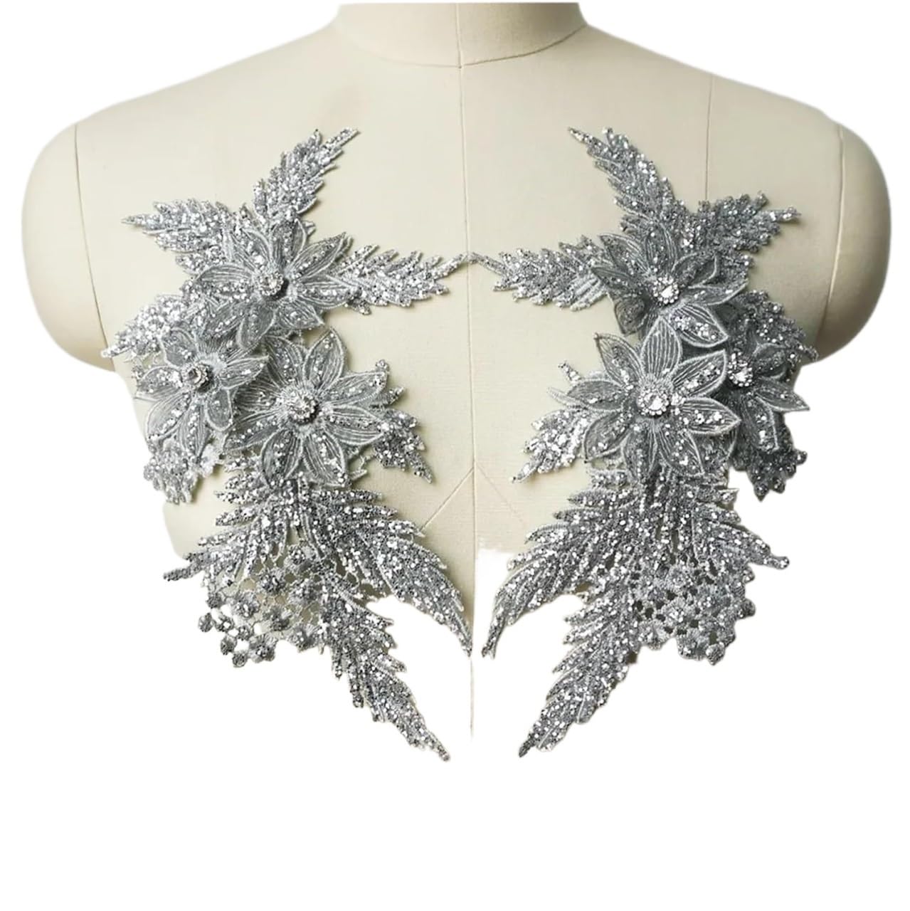 Appliques en dentelle argentée 2 pièces pour couture de robe de mariée