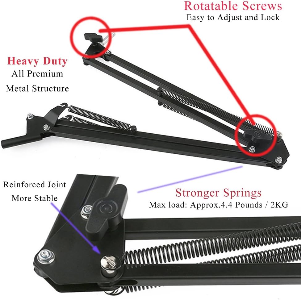 Etubby [Heavy Duty] Microphone Stand Adjustable Suspension Boom Studio Scissor Arm Mic Clip Holder Mount with Screw Adapter & Cable Management for Blue Yeti Snowball & Other Microphones