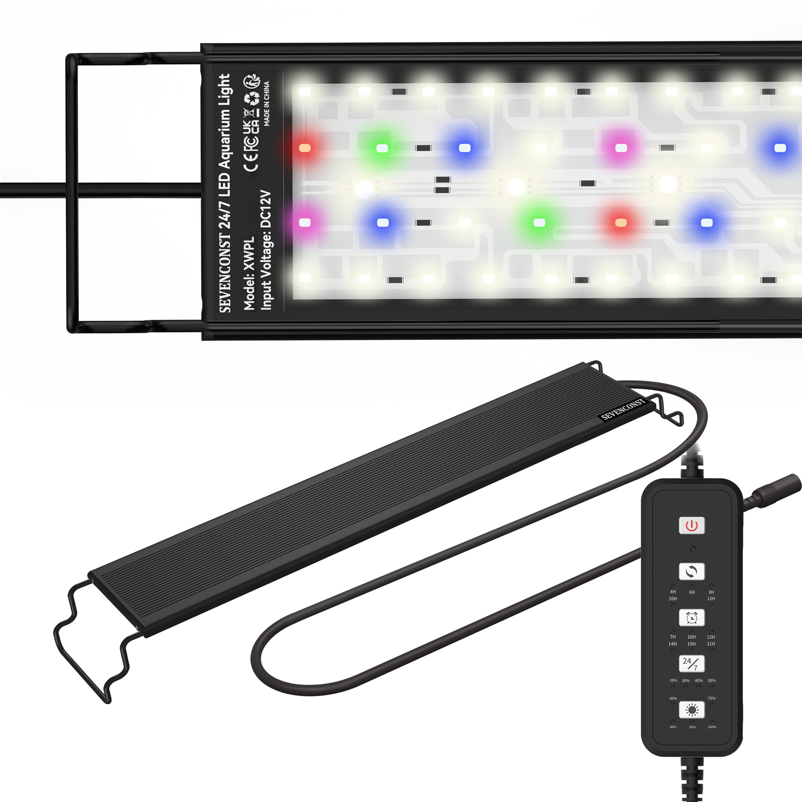 SEVENCONST 24/7 Mode LED Aquarium Light for 91-117cm Plant & Fish Tank, IP68 Full Spectrum Light, Sunrise-Daylight-Moonlight, White Red Green Blue Pink LEDs with Extendable Brackets for Freshwater