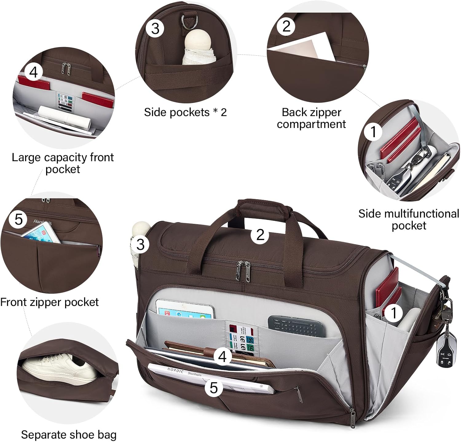 Hanke Carry On luggage Bags for Travel, Large Foldable Duffle Bag for Travel, Softside Lightweight Travel Bag Carry On Bags for Airplanes Women, Travel Tote Bags for Women Men.（Coffee） - Image 4