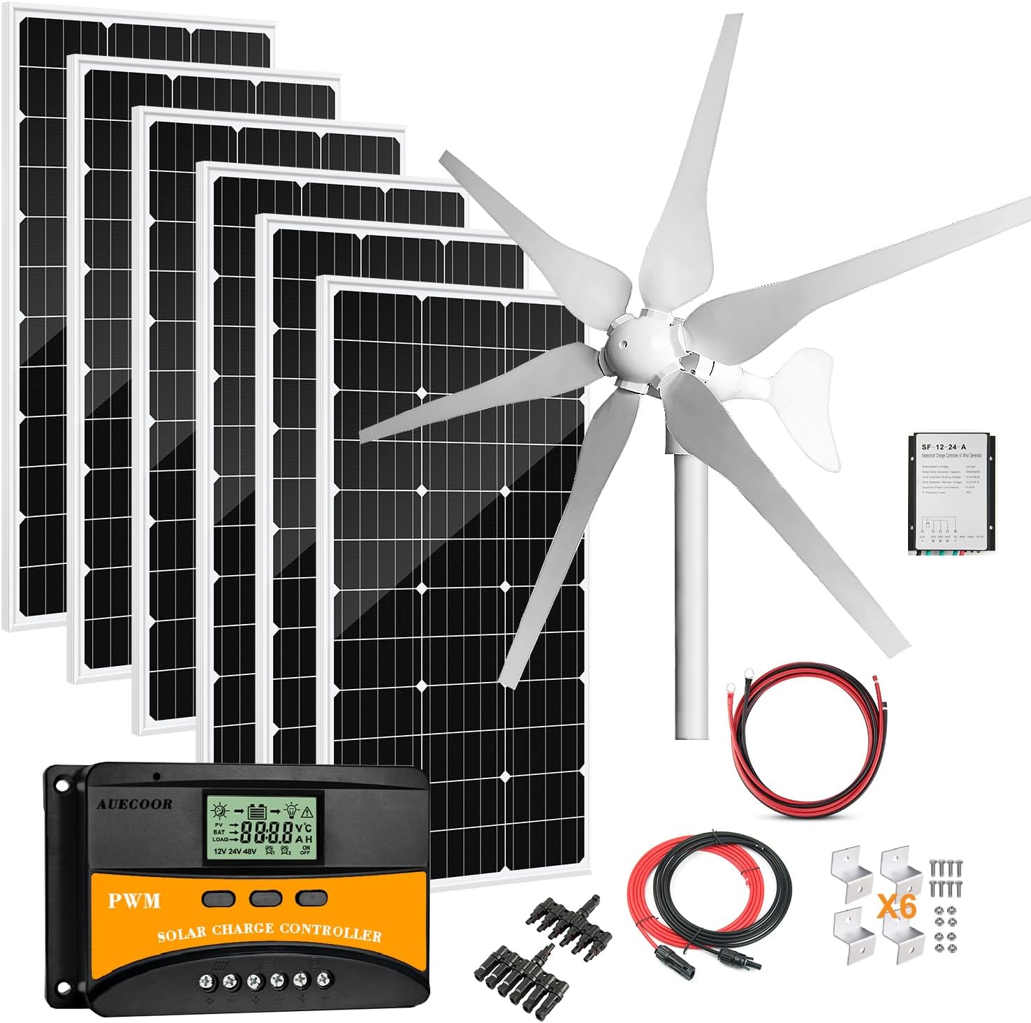 1000 Watts Solar Panel Wind Turbine Hybrid Kit: 6 pcs 100W Solar Panel +400W Wind Turbine Generator for Home House 12V 24V Battery