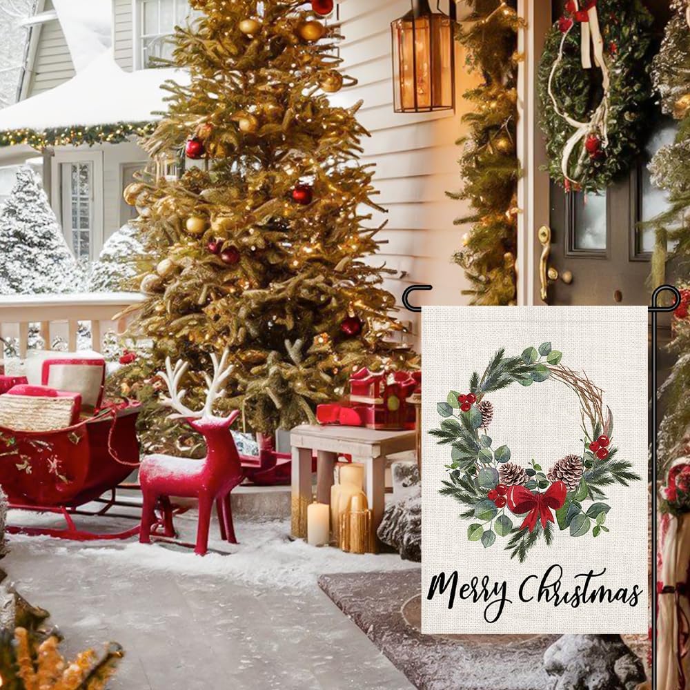 Merry Christmas Wreath Garden Flags 12x18 Double Sided Burlap, Winter Welcome Xmas Decorations Seasonal Sign Small Flag for Holiday Party Farmhouse Outdoor Yard Lawn DF616 - Image 2
