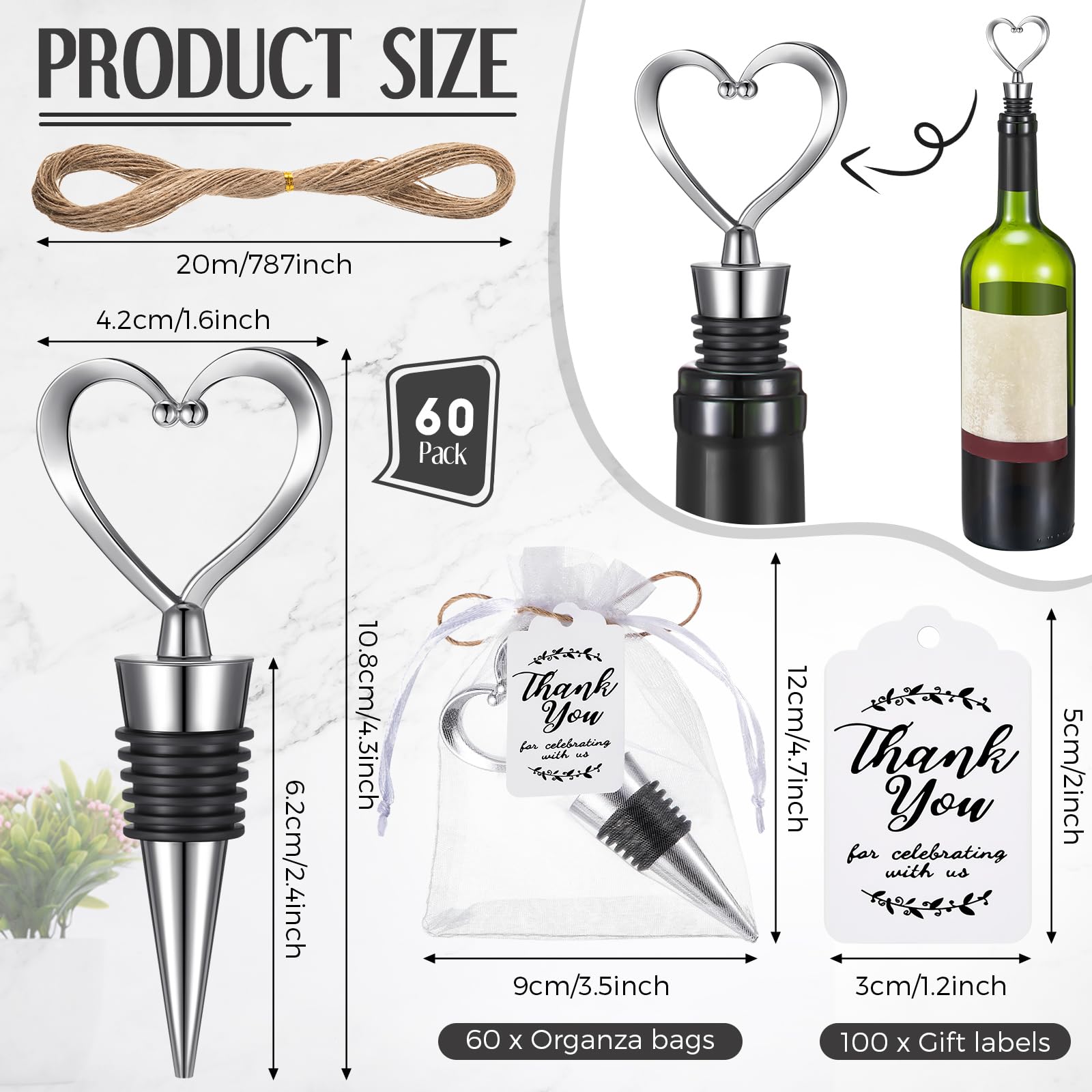Confezione da 60 tappi per vino a forma di cuore, per matrimoni, addio al nubilato, bomboniere, per gli ospiti, tappo per bottiglia di vino, champagne, birra, con sacchetti trasparenti, etichette per