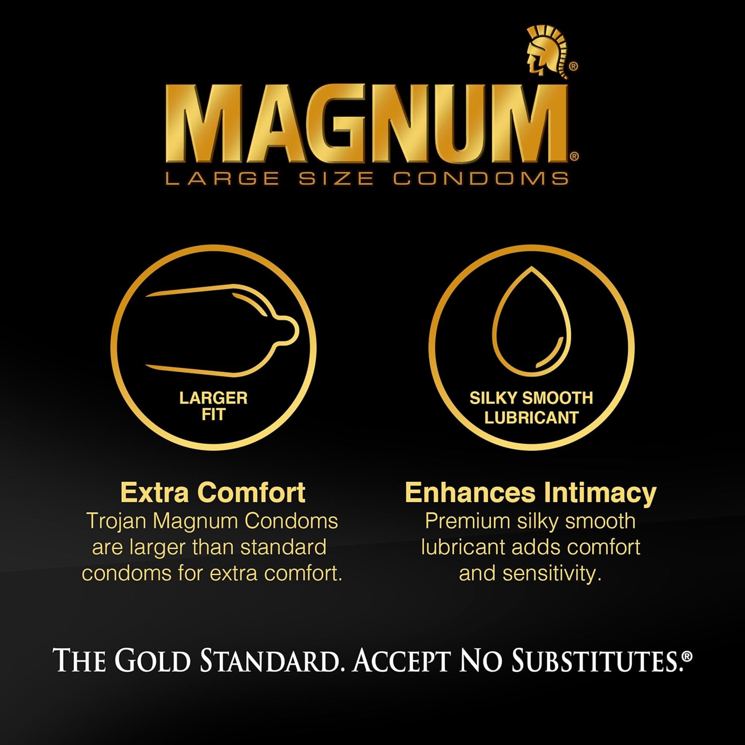Diagram illustrating larger fit and silky smooth lubricant features of TROJAN Magnum condoms