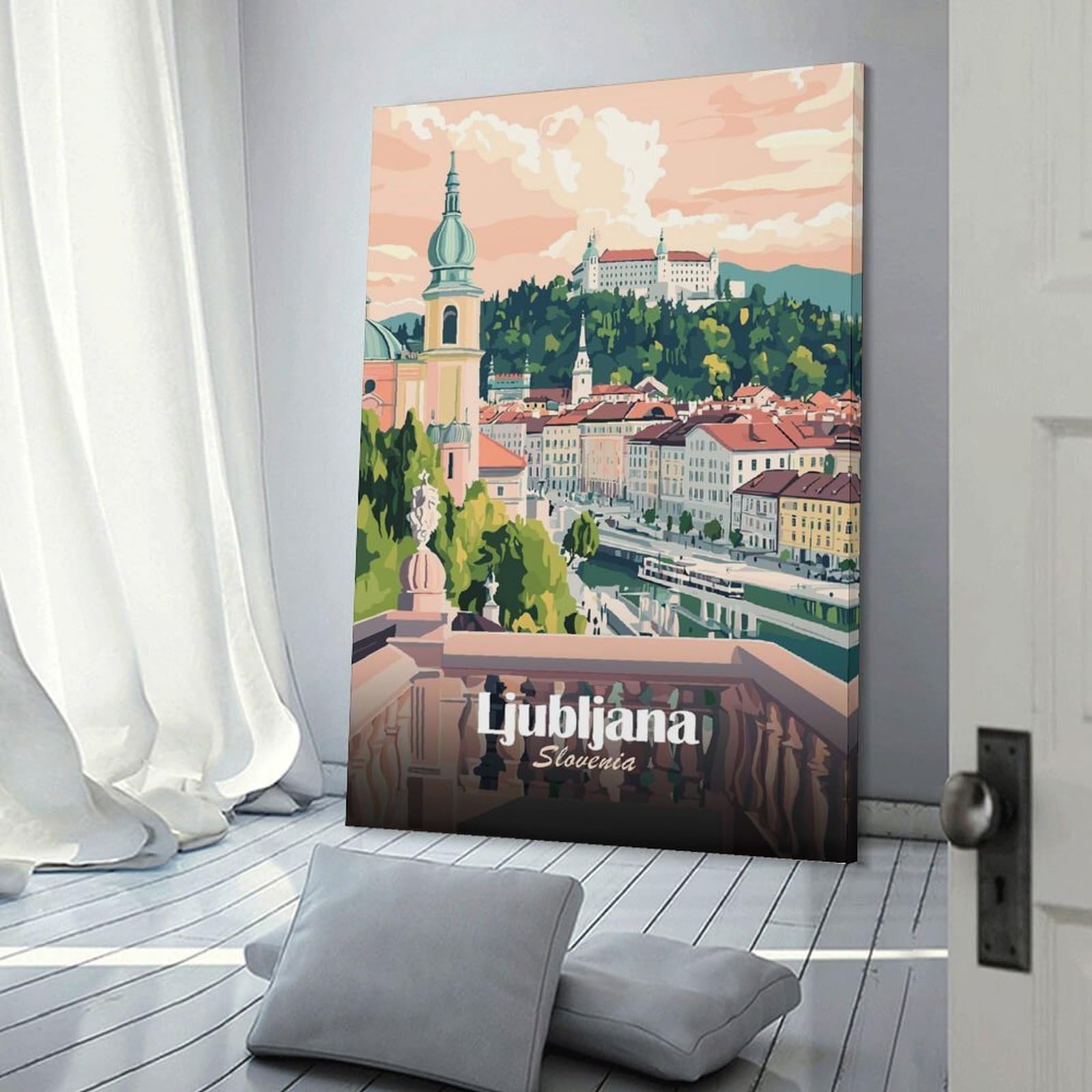 Junmoney Ljubljana, Slovenia Cityscape Illustration(2) Wall Picture Print, 20x30inch(50x75cm), for Feature Walls in Flats Or Modern Rooms, Decorative Artwork with Flexible Styling