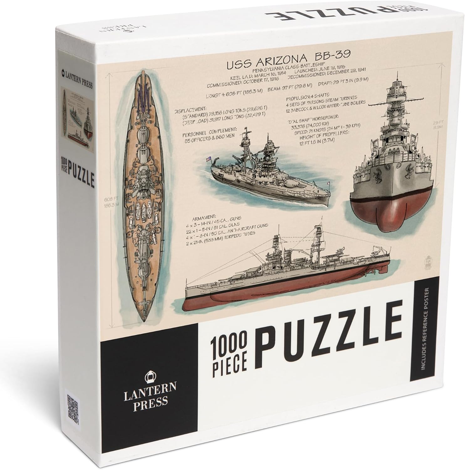 Lantern Press USS Arizona Battleship, Technical 1000 Piece Jigsaw Puzzle for Adults, Made in USA with Reference Poster