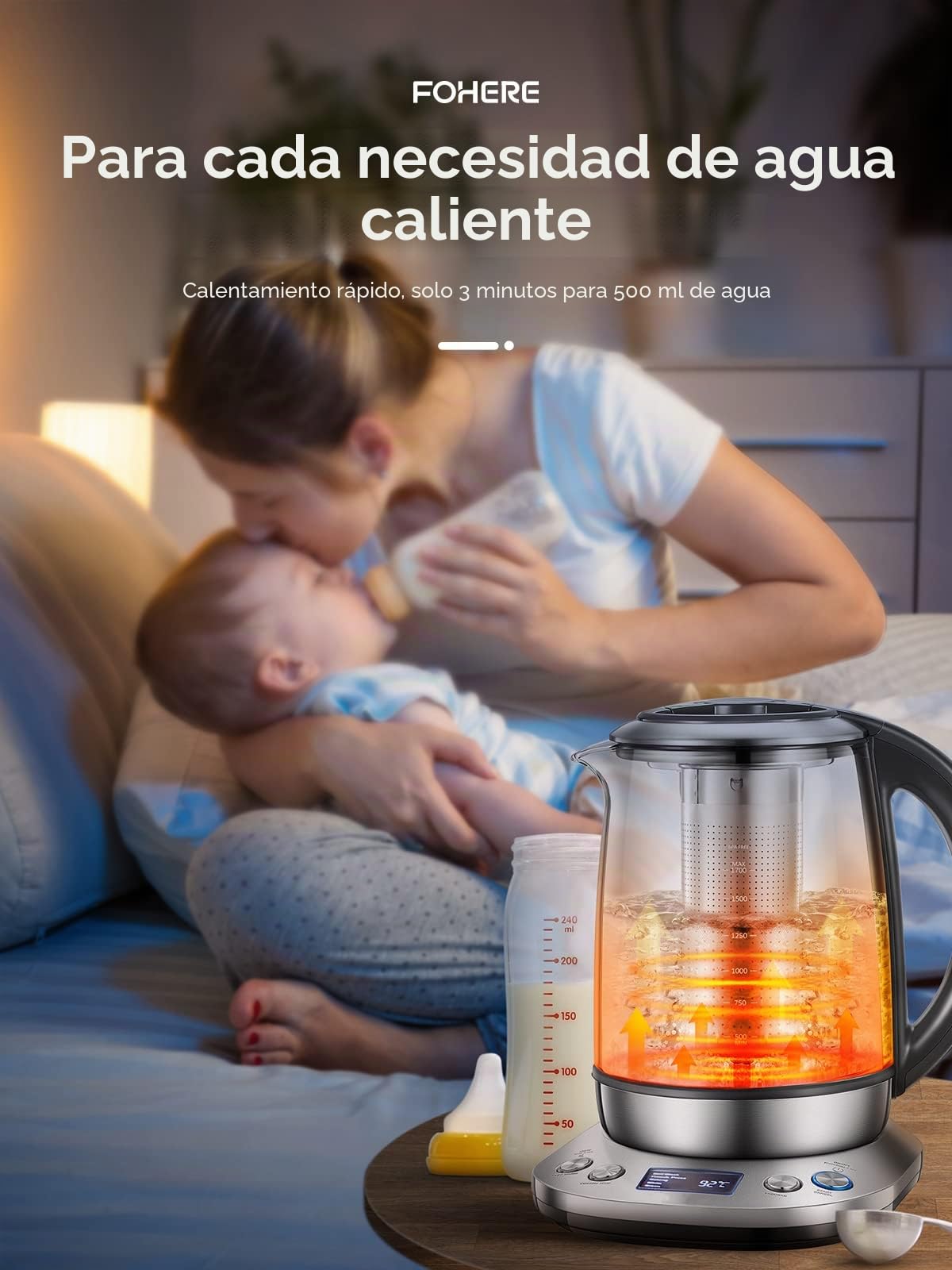 FOHERE Hervidor de Agua con Ajuste de Temperatura, Hervidor Eléctrico con 6 Ajustes Preestablecidos, 2 Horas de Función de Mantener Caliente, 2200 W Tetera de 1,7 L, Pantalla LCD
