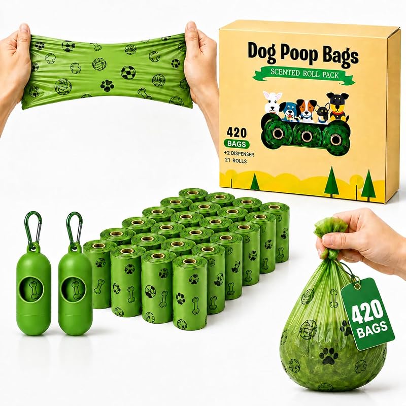 Sacos para Fezes de Cães Reforçados e Perfumados TVOOD, 420 Unidades com 2 Dispensadores