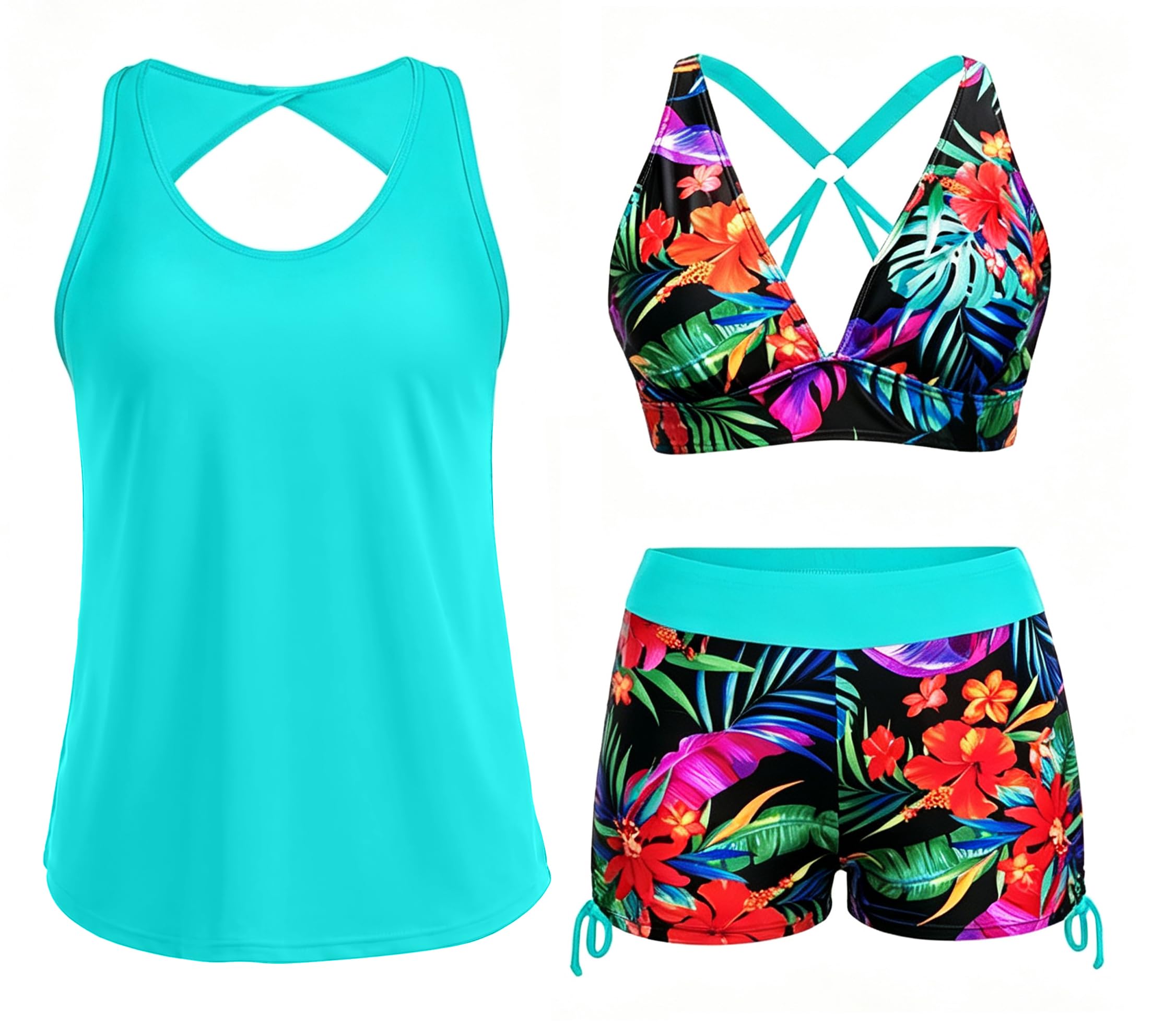 Yonique 3 Piece Tankini Swimsuits for Women Swim Tank Top Bathing Suits with Boy Shorts and Bra Athletic Swimwear