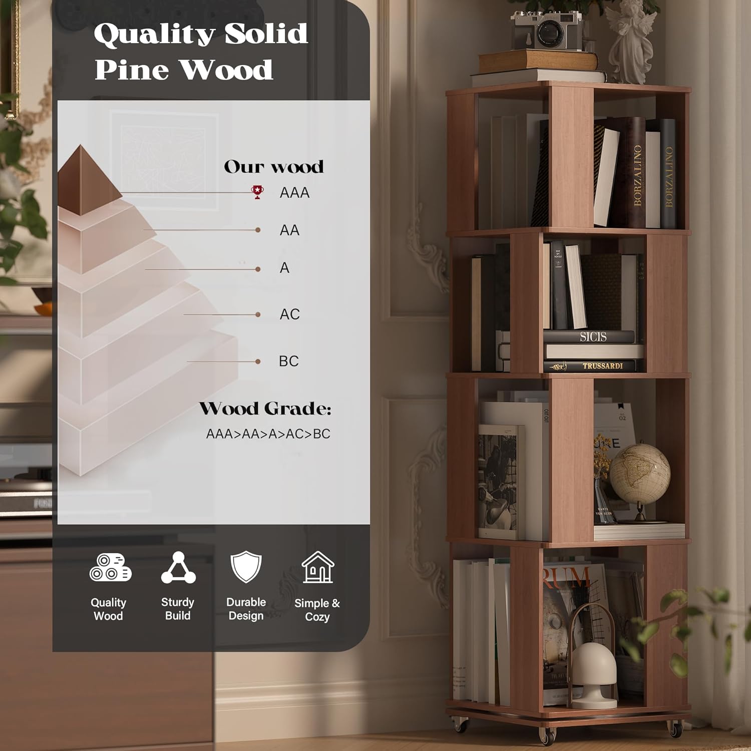 4 Tier Solid Wood Rotating Bookshelf Tower on Wheels, 360° Upgrade Spinning Book Shelf, Revolving Bookcase Organizer, Swivel Bookshelves for Small Spaces, Corner, Bedroom, Kids Room, Office (Walnut)