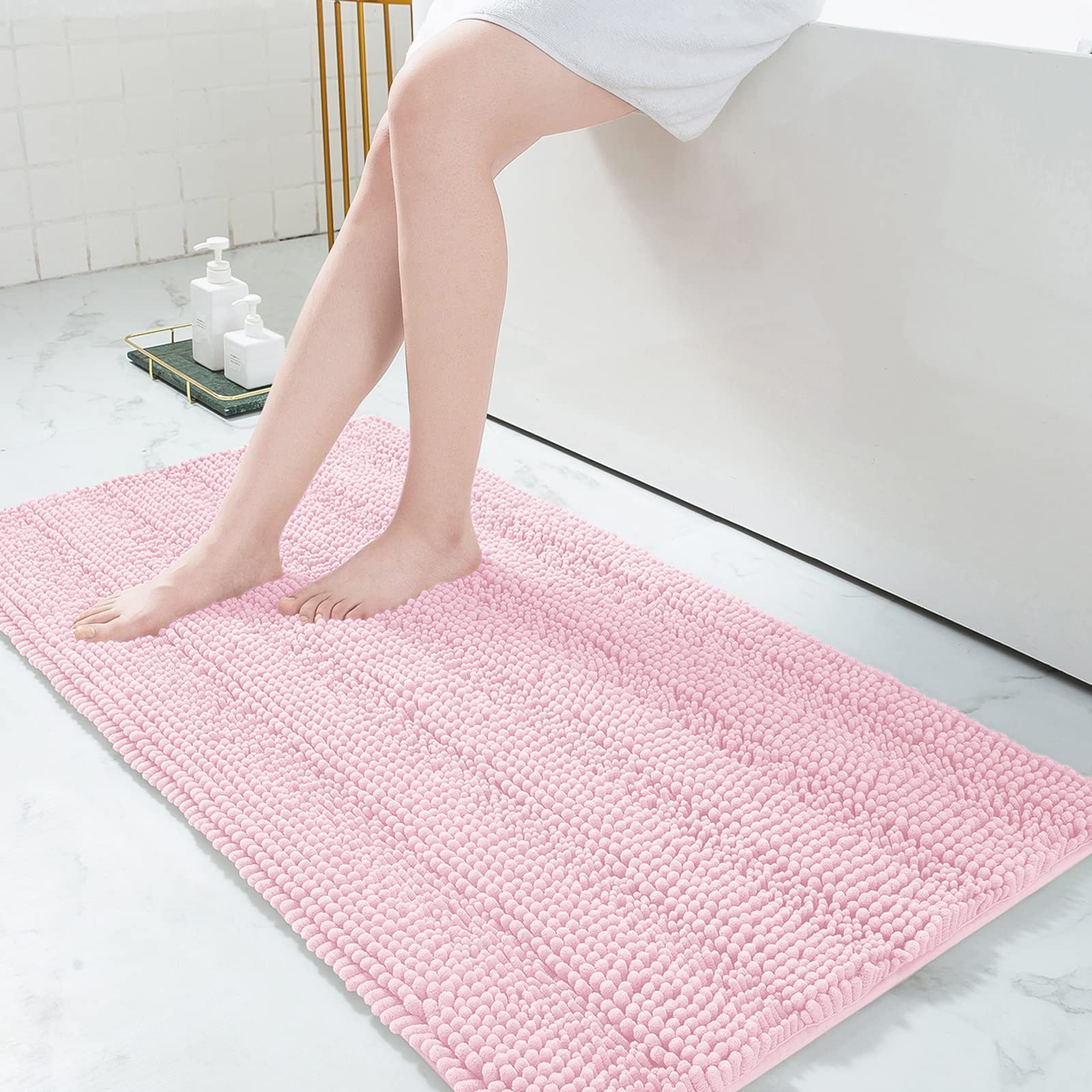 Grandaily Chenille Bathroom Rugs 47x24, Soft Absorbent Bath Mats, Pink