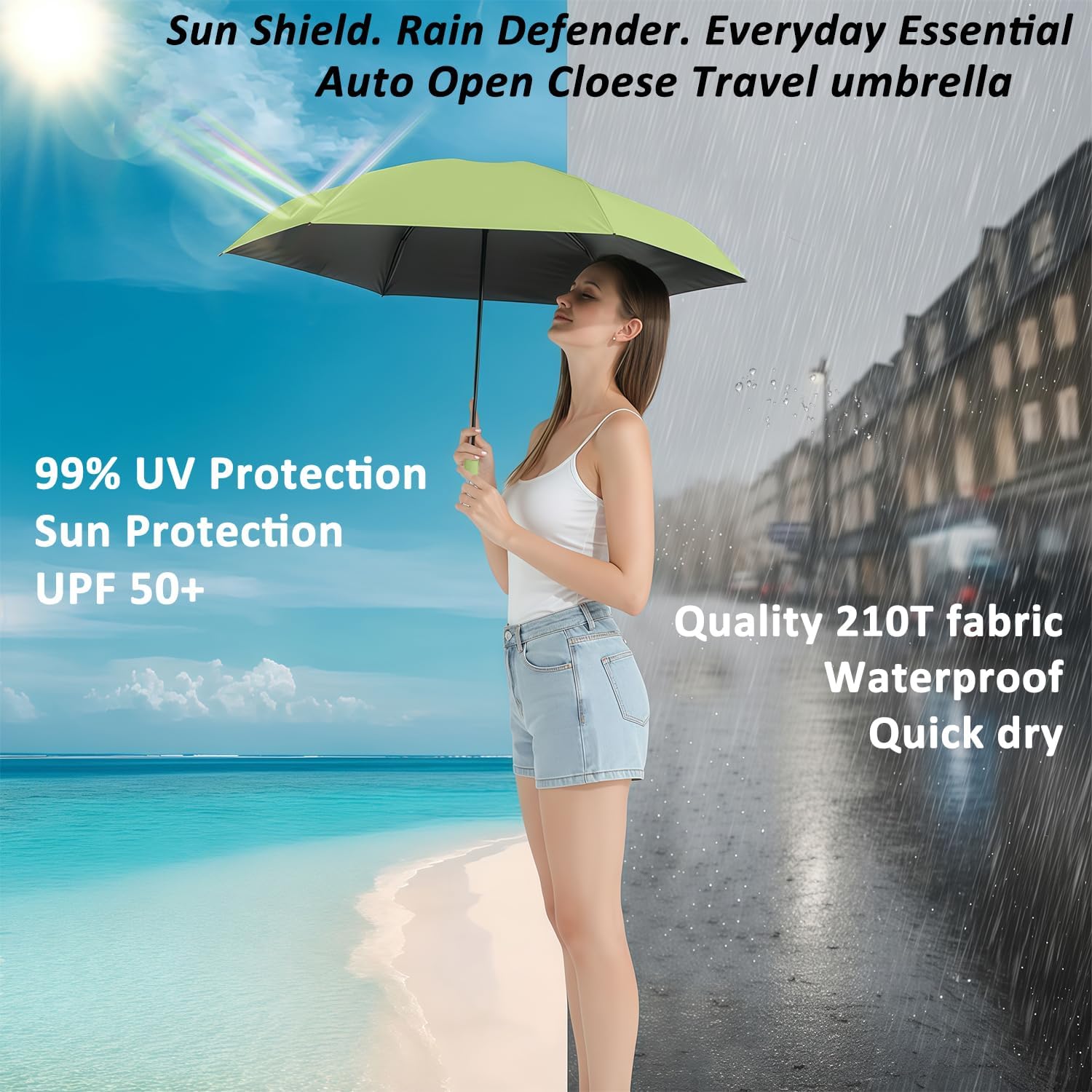 BAODINI Small UV Protection Travel Umbrella Compact for Rain and Sun UPF 50+ Windproof Portable 42 inch Umbrella for Women and Men
