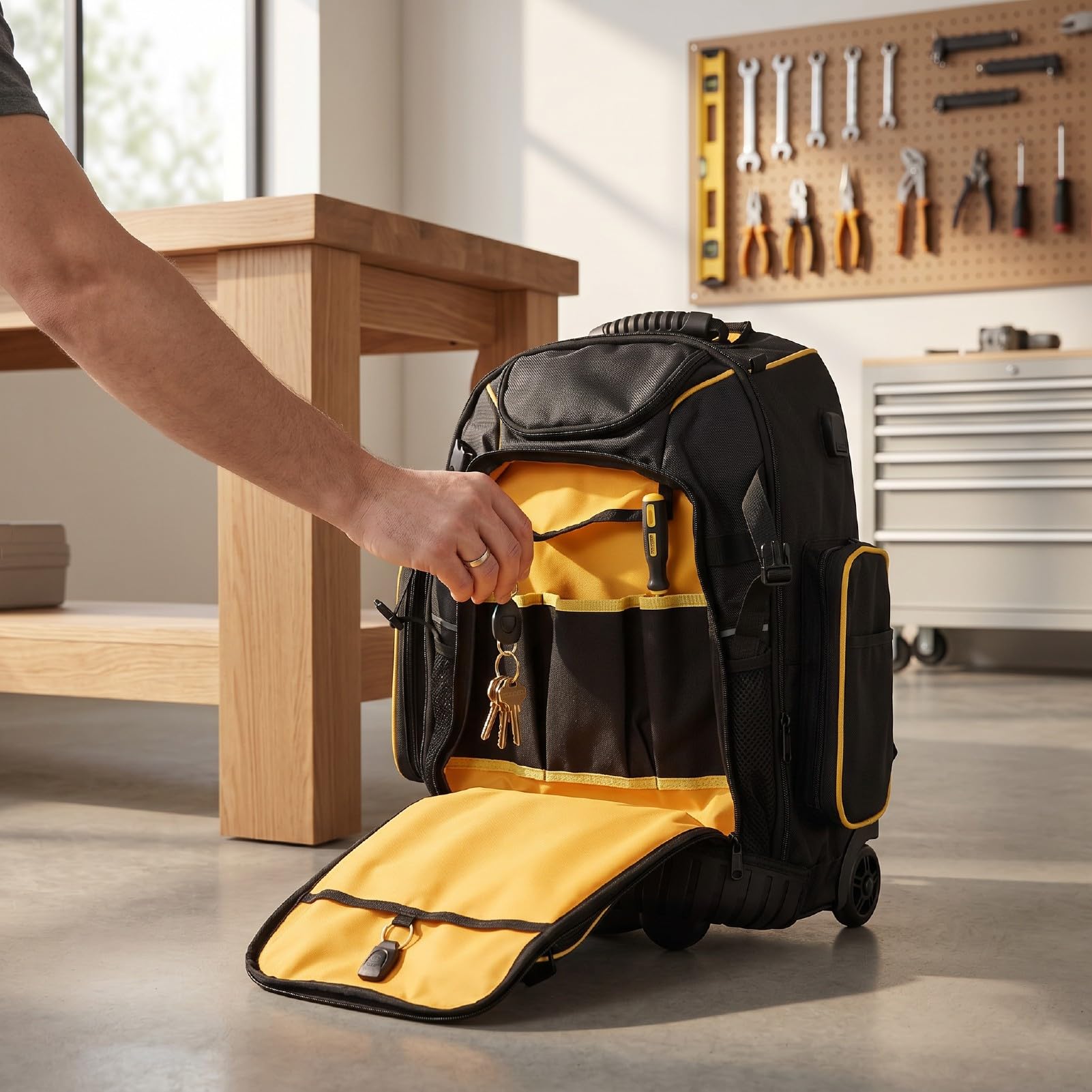 Fockety Bolsa de Herramientas con Ruedas Resistente con Base Moldeada Dura | Mochila con ruedas para herramientas, bolsa de herramientas para electricista, fontanero, técnico de HVAC