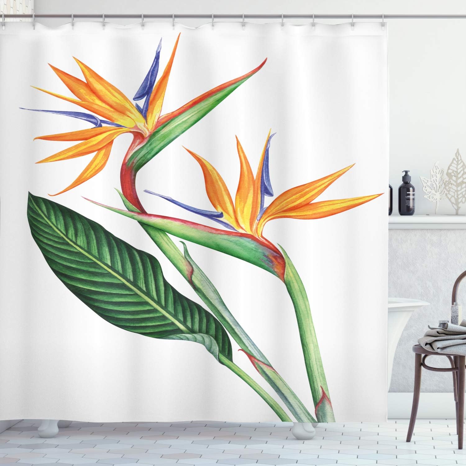 Ambesonne Hawaiian Colors Shower Curtain, Tropical Painting of a Bird of Paradise Flower on Plain Background, Cloth Fabric Bathroom Decor Set with Hooks, 69" W x 75" L, White Multicolor