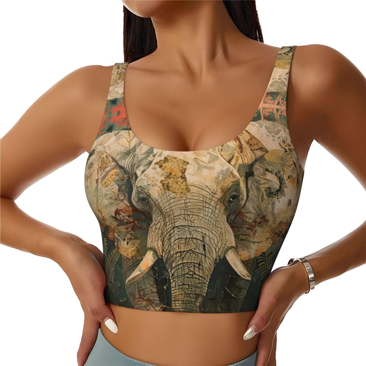 Elephant Print High Impact Sports Bras,Longline Sports Bra,Perfect For Yoga,Running And Gym Workouts