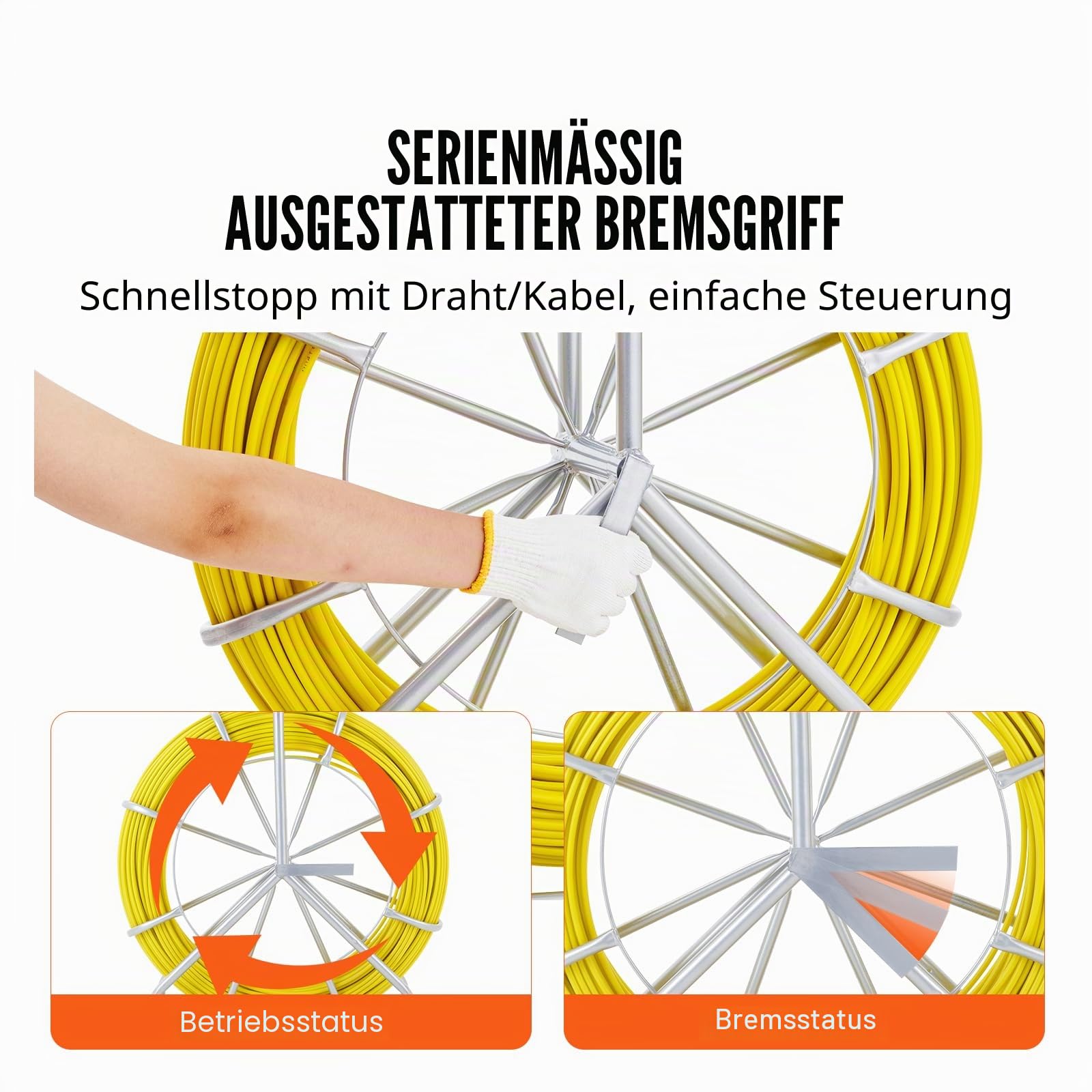 VEVOR Fiberglas Kabel Rad 150m Ø7,9mm Glasfaserstab inkl. Stahlhaspel Handschuhe Bremsgriff Metall-Zugköpfe Fischband -40℃ bis +80℃ Einziehhilfe Einziehband Einziehspirale