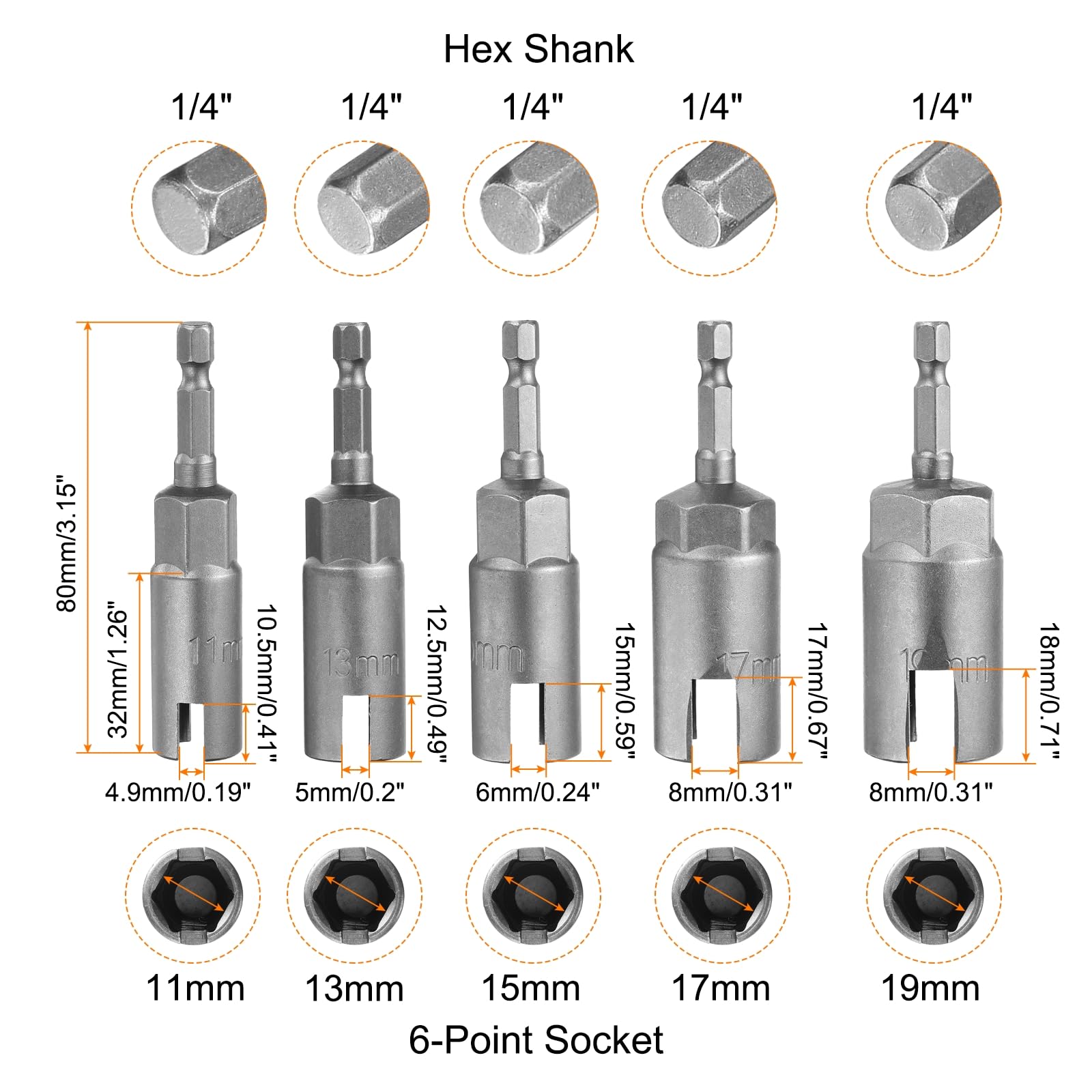 HARFINGTON Juego de 5 destornilladores de tuerca de mariposa H11/13/15/17/19 de 11 mm/13 mm/15 mm/17 mm/19 mm, métrico de 6 puntos, vástago hexagonal de 1/4 pulgadas, ranura profunda, llave de tuerca