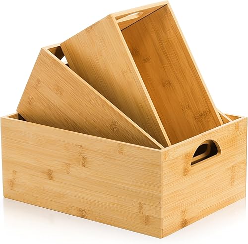Miniatura 3 de DEAYOU Paquete de 3 contenedores de almacenamiento de bambú, caja de almacenamiento de bambú, organizador de anidación natural, contenedor apilable