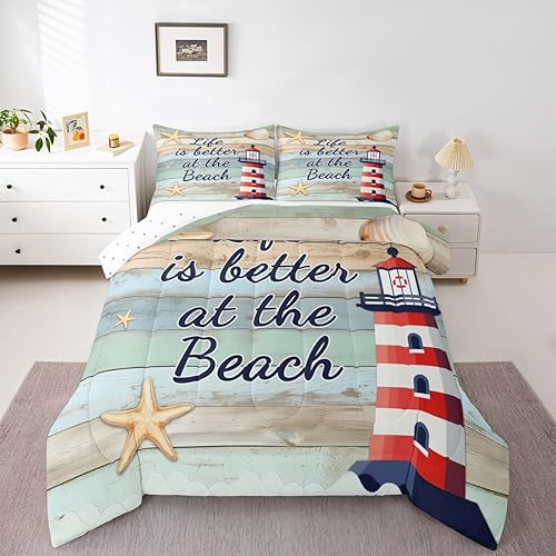 Erosebridal Lighthouse Bedding Set Queen Size for Boys, Beach Starfish Comforter