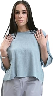 توب قصير فضفاض من قماش مضلع منسوج بكم ثلاثة أرباع وأكمام حديثة للنساء