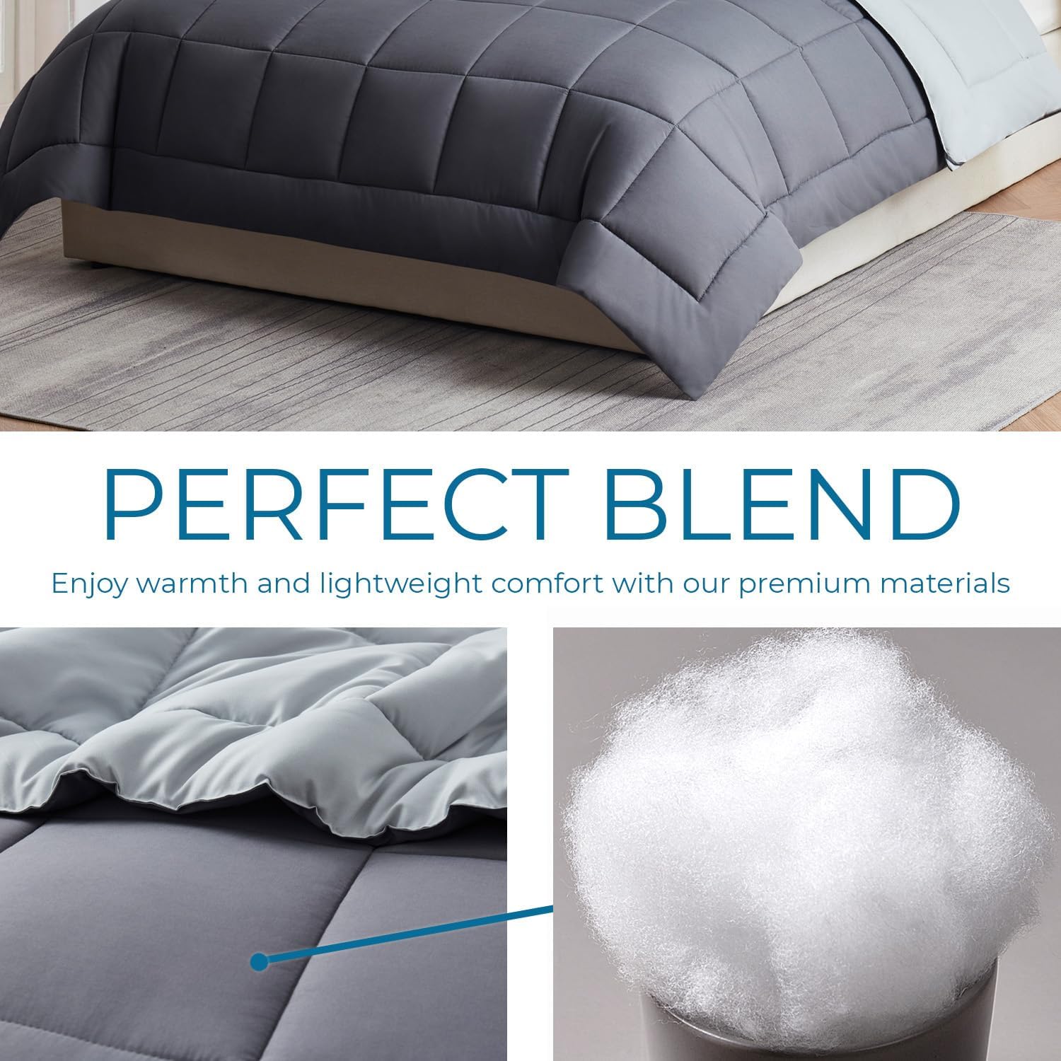 Nestl Polyester Comforter, All Season Grey/Light Grey, Full Size with 2 Pillow Shams, Down Alternative, Box Stitching, Corner Tabs
