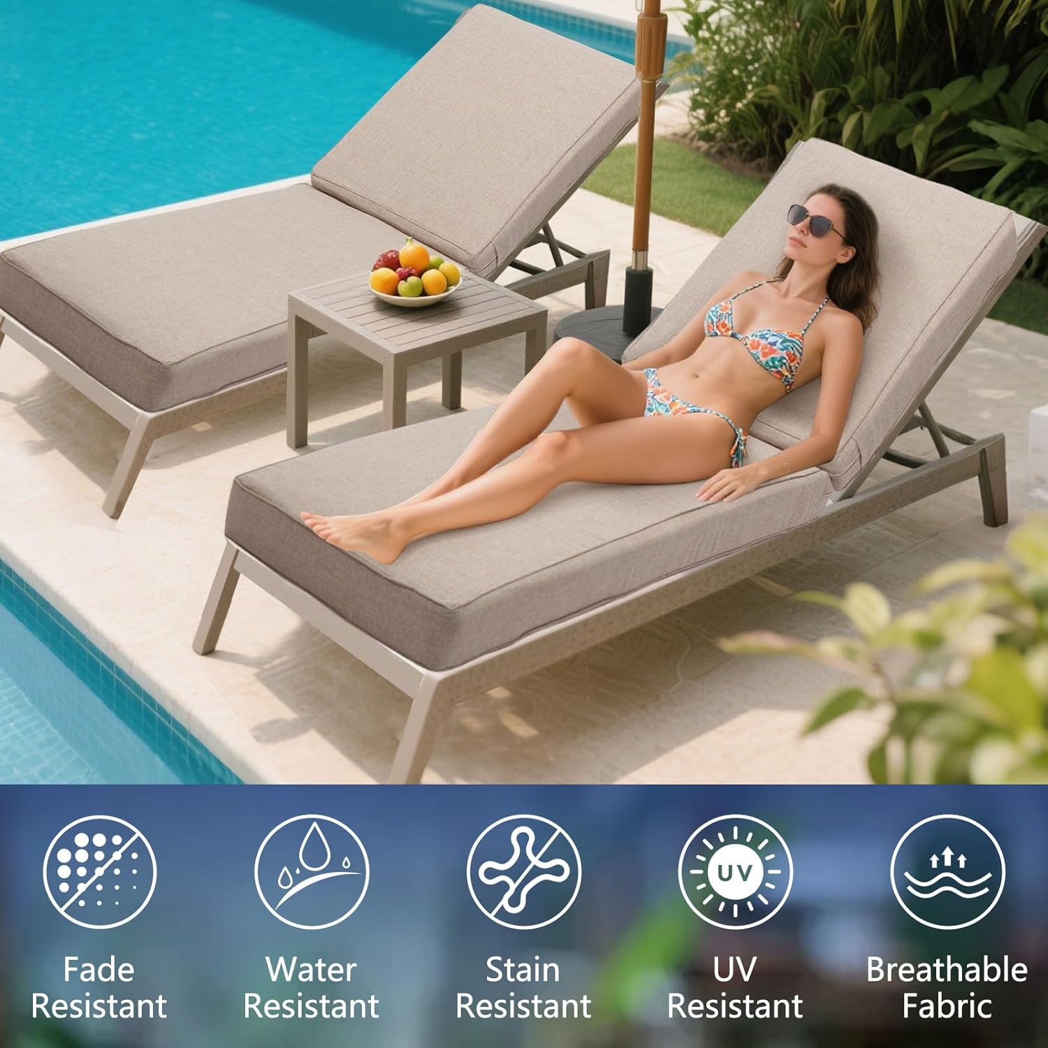 Outdoor Chaise Lounge Cushion 80"x26"x6", Waterproof 6" Extra Thickness Lounge Cushion with Removable Cover, Patio Lounge Chair Cushions Set of 2 for Outdoor Furniture, Khaki