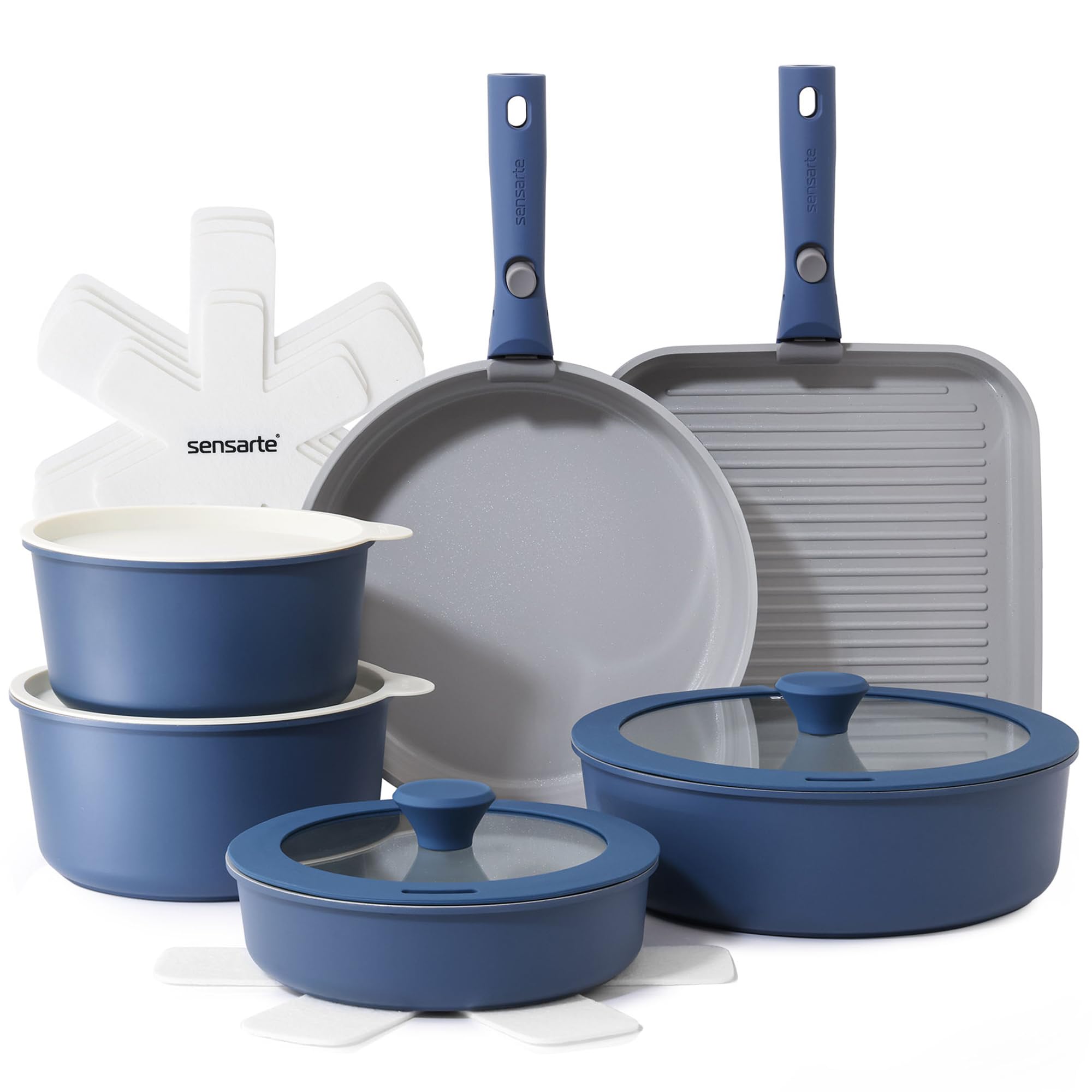 SENSARTE 17 Piece Ceramic Pots and Pans Set, Nonstick Detachable Handle Cookware, Induction Kitchen Cookware Set with Removable Handle, Oven Safe (Navy)