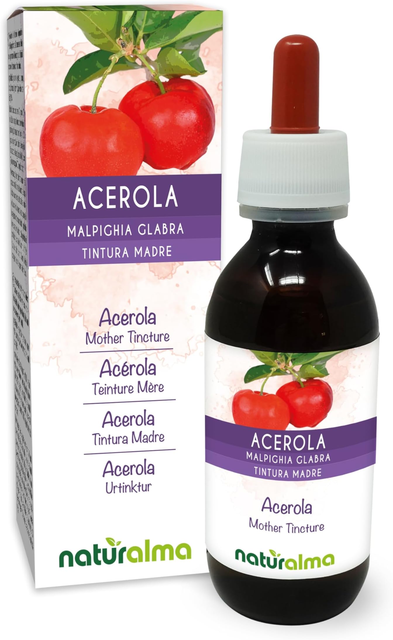 Acerola (Malpighia glabra) Fruits Alcohol-Free Mother Tincture Naturalma - Rich in Vitamin C - Liquid Extract Drops 120 ml - Food Supplement - Vegan